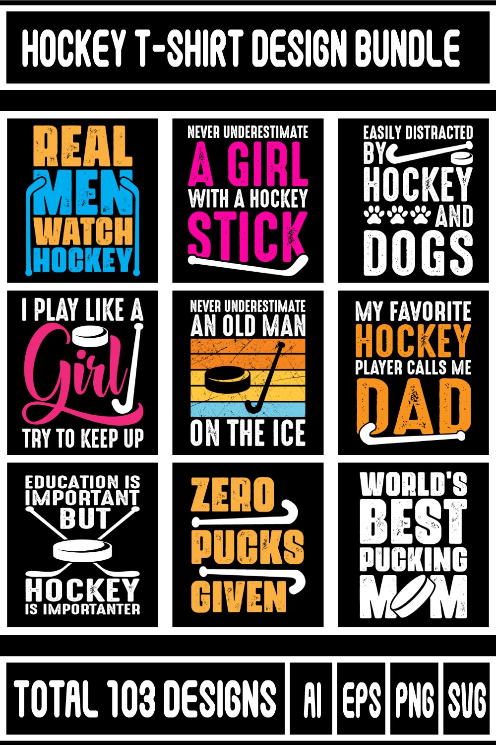 Hockey T-shirt Design Bundle pinterest preview image.