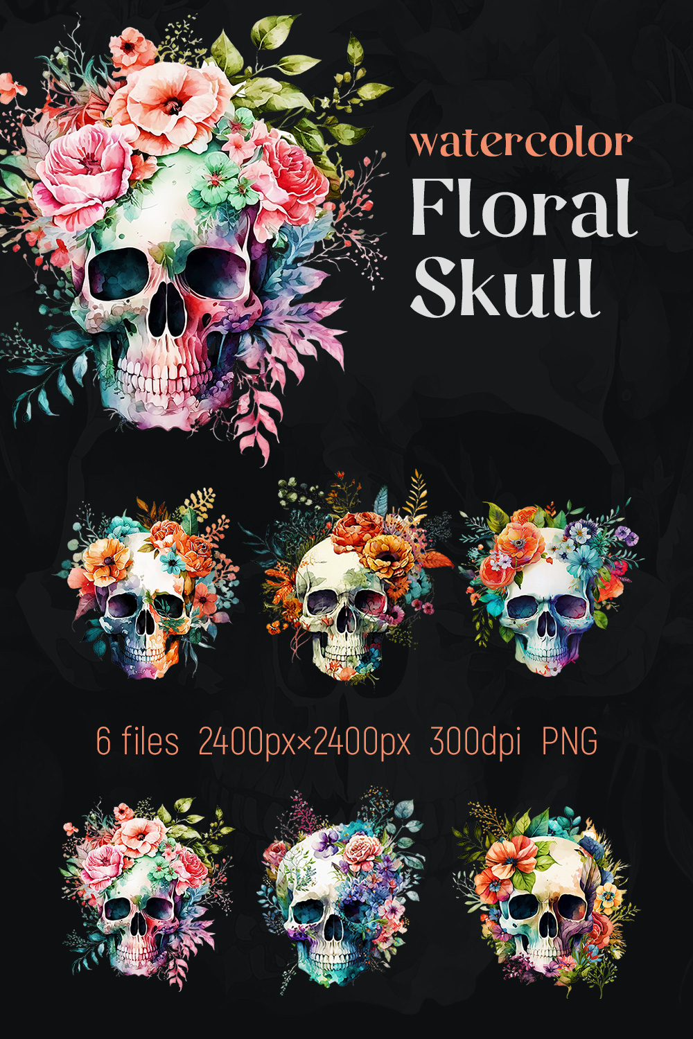 Watercolor Floral Skull pinterest preview image.