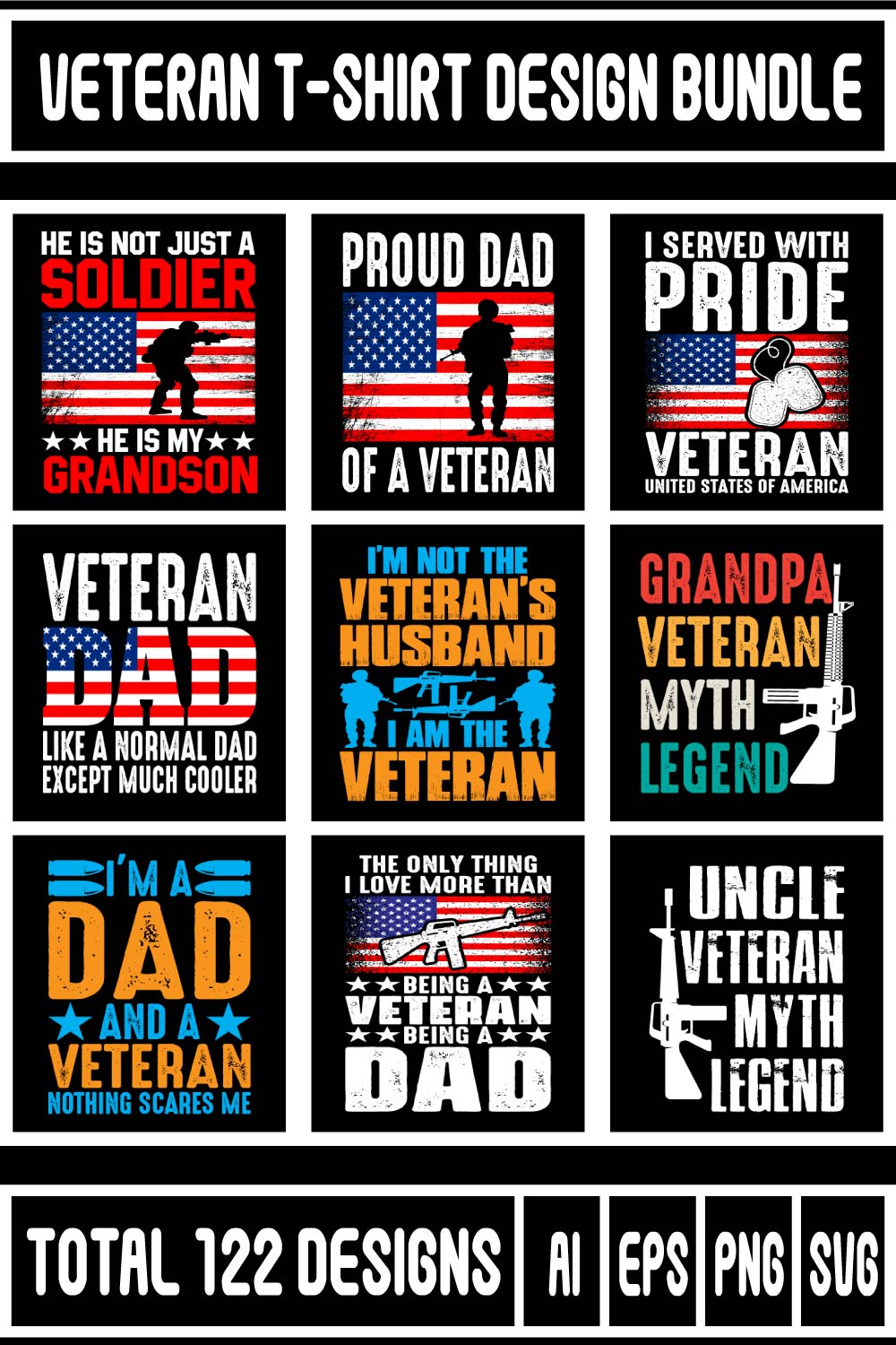 Army or Veteran T-shirt Design Bundle1 pinterest preview image.