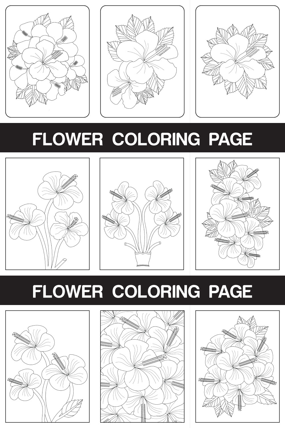 Hibiscus Flower Coloring Page Line Art Illustration pinterest preview image.