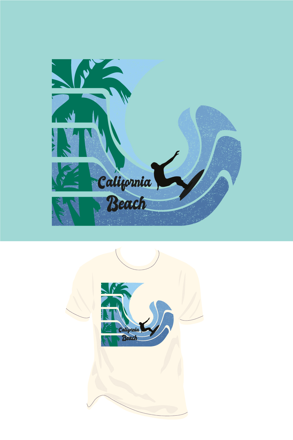 California Beach wave palm tree vector surfing on wave summer vacation t shirt design pinterest preview image.