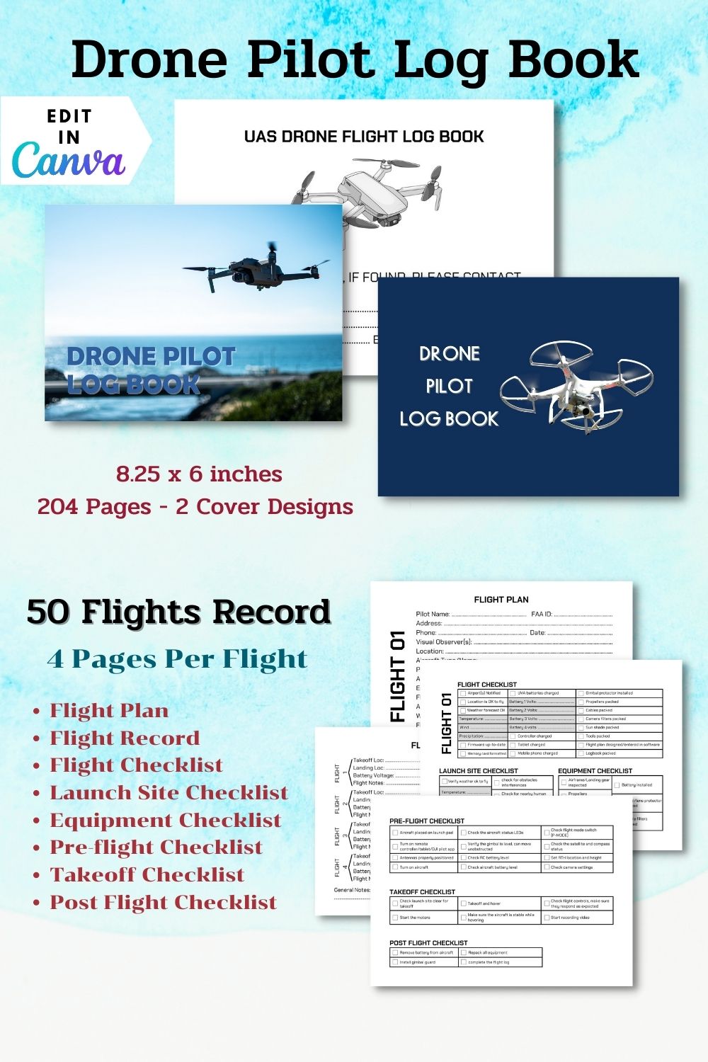 Drone Pilot Logbook - Canva template pinterest preview image.