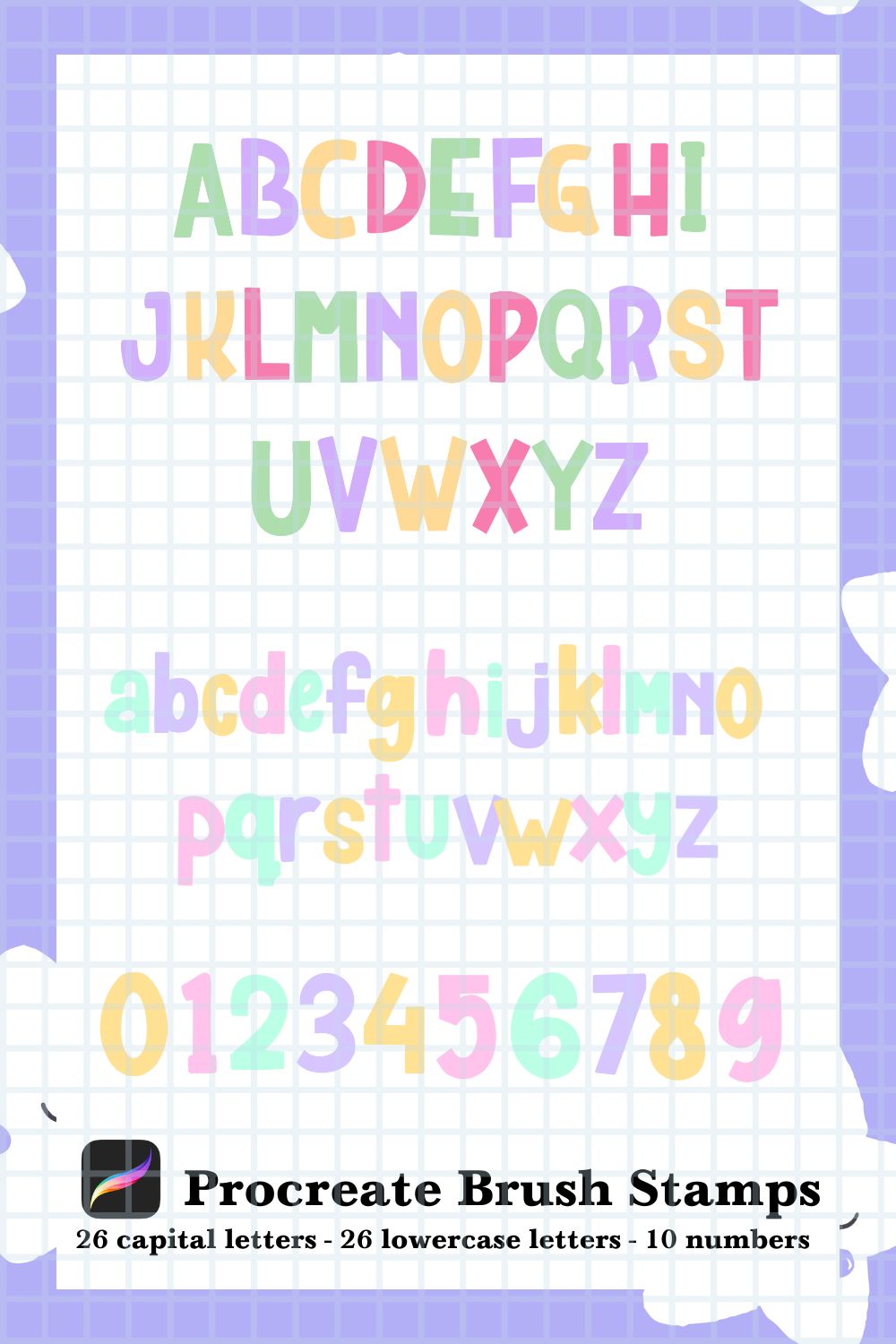26 Uppercase & Lowercase Letters & Number 0-9 Brush Stamps pinterest preview image.