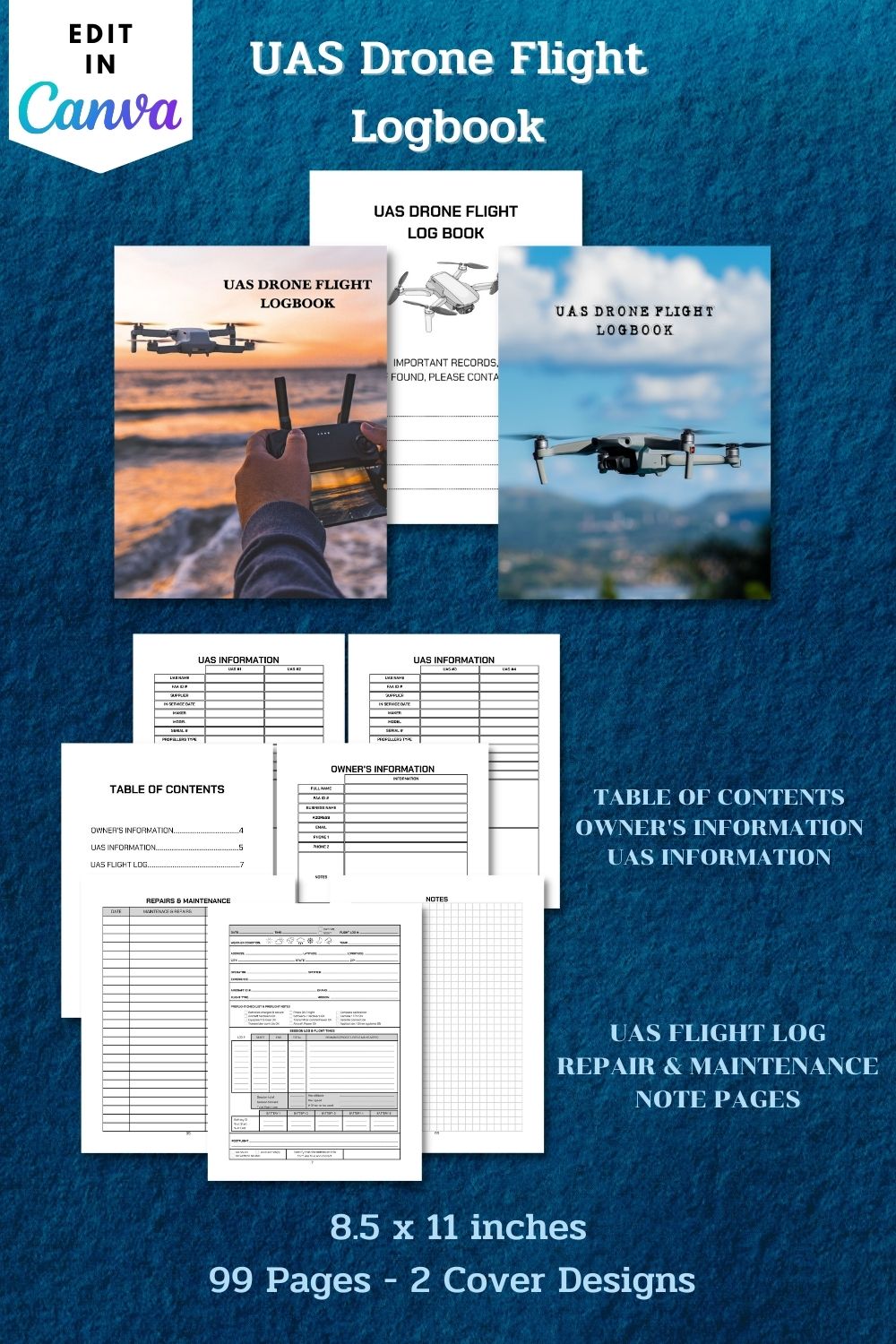 UAS Drone Flight Logbook - Canva Template pinterest preview image.