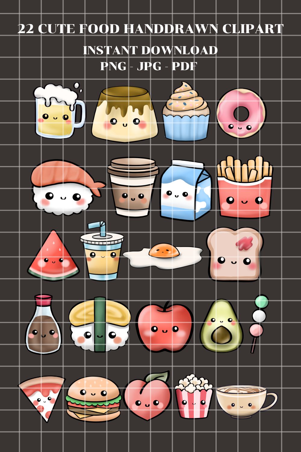 22 Cute Food Handdrawn Clipart - PNG - JPG - PDF - Instant download pinterest preview image.