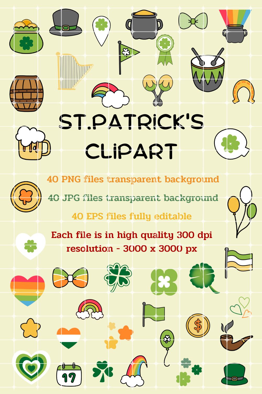 StPatrick\'s Day Hand Drawn Clipart - PNG, JPG, EPS - 300 DPI pinterest preview image.
