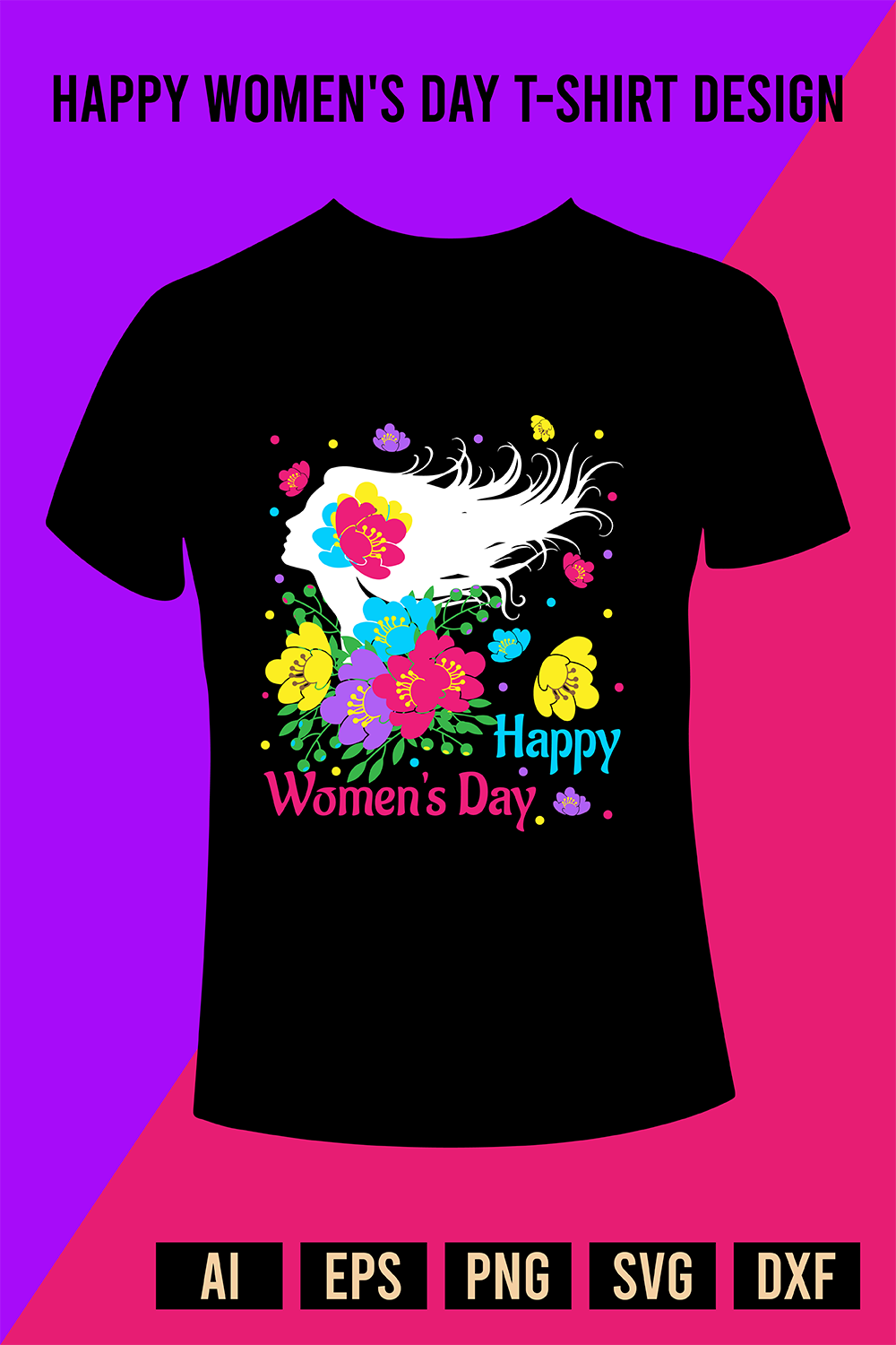 Happy Womens Day T-Shirt Design pinterest preview image.