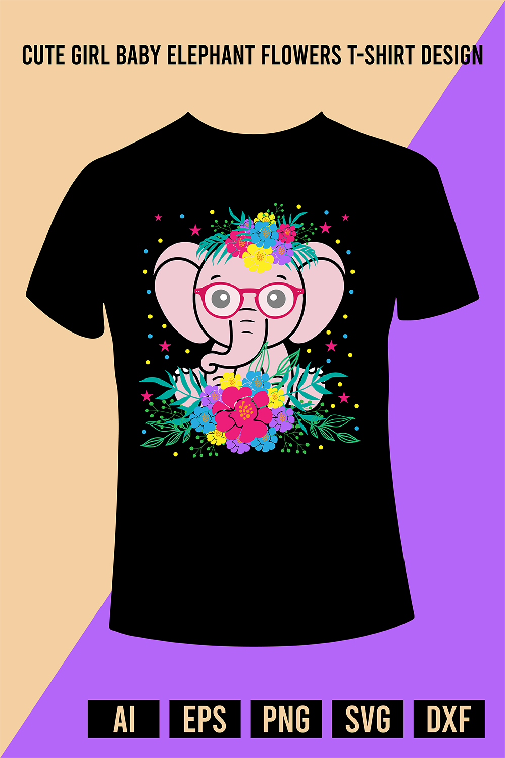 Cute Girl Baby Elephant Flowers T-Shirt Design pinterest preview image.