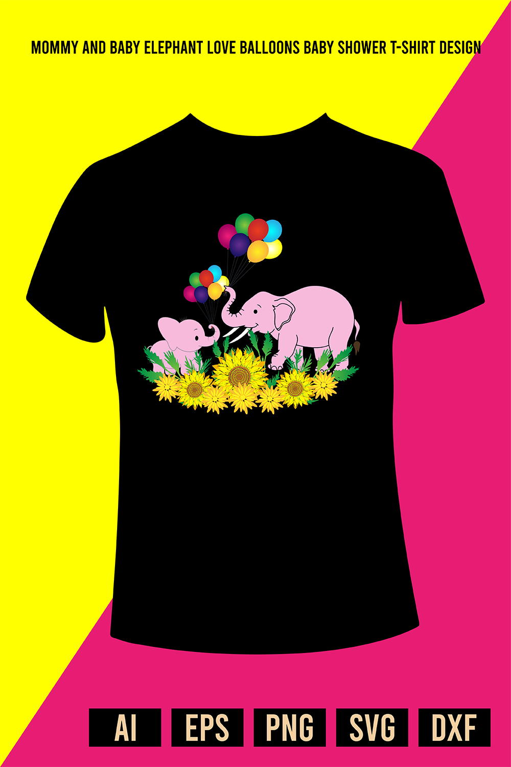 Mommy and Baby Elephant Love Balloons Baby Shower T-Shirt Design pinterest preview image.