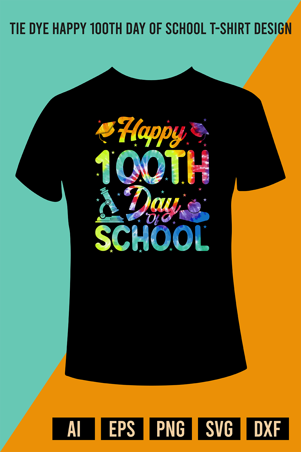 Tie Dye Happy 100th Day Of School T-Shirt Design pinterest preview image.