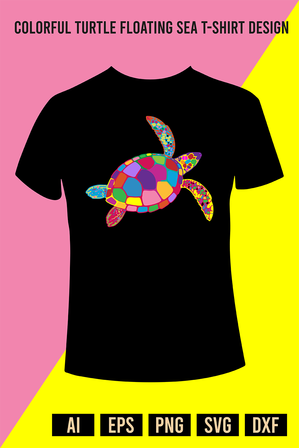 Colorful Turtle Floating Sea T-Shirt Design pinterest preview image.
