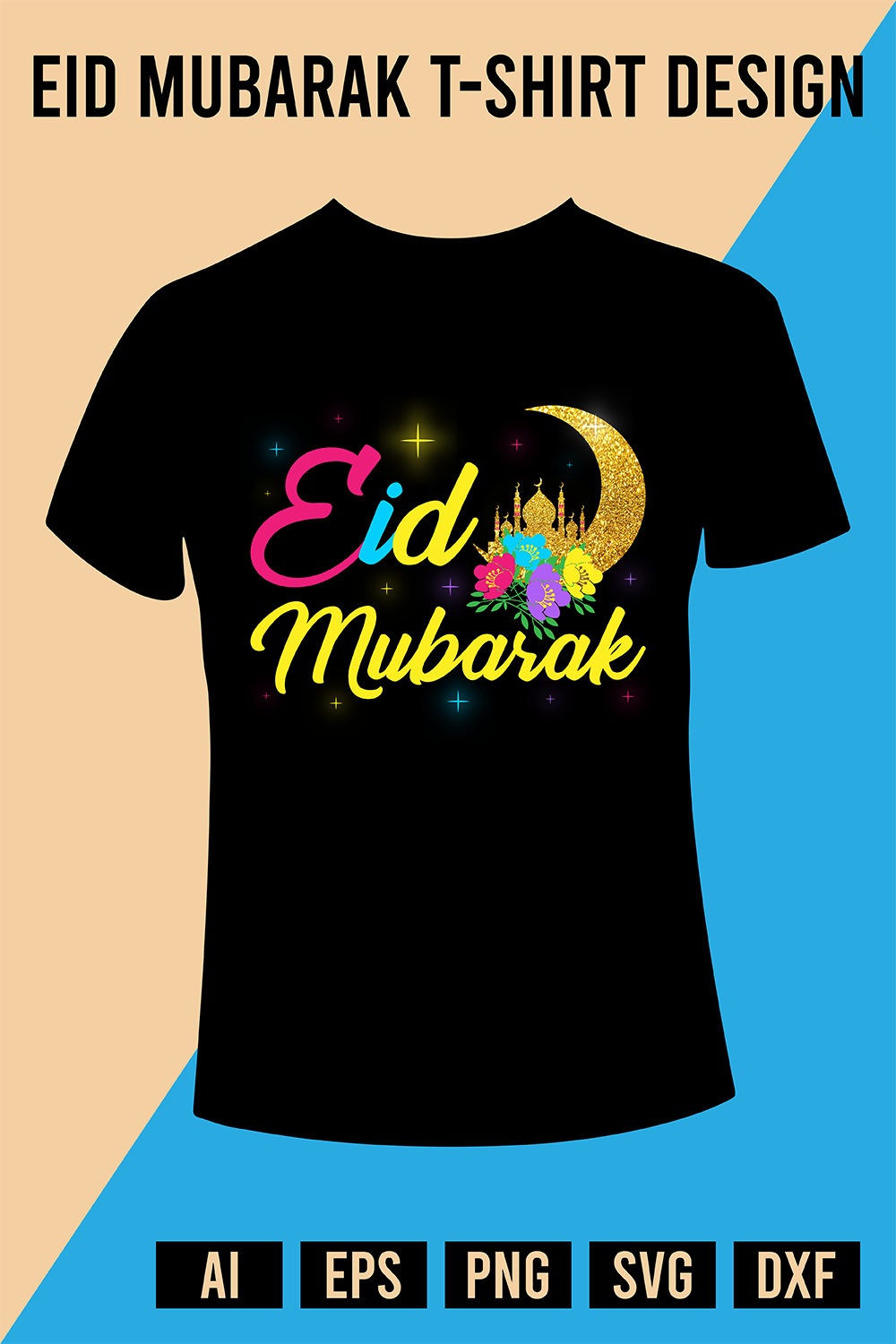 Eid Mubarak T-Shirt Design pinterest preview image.
