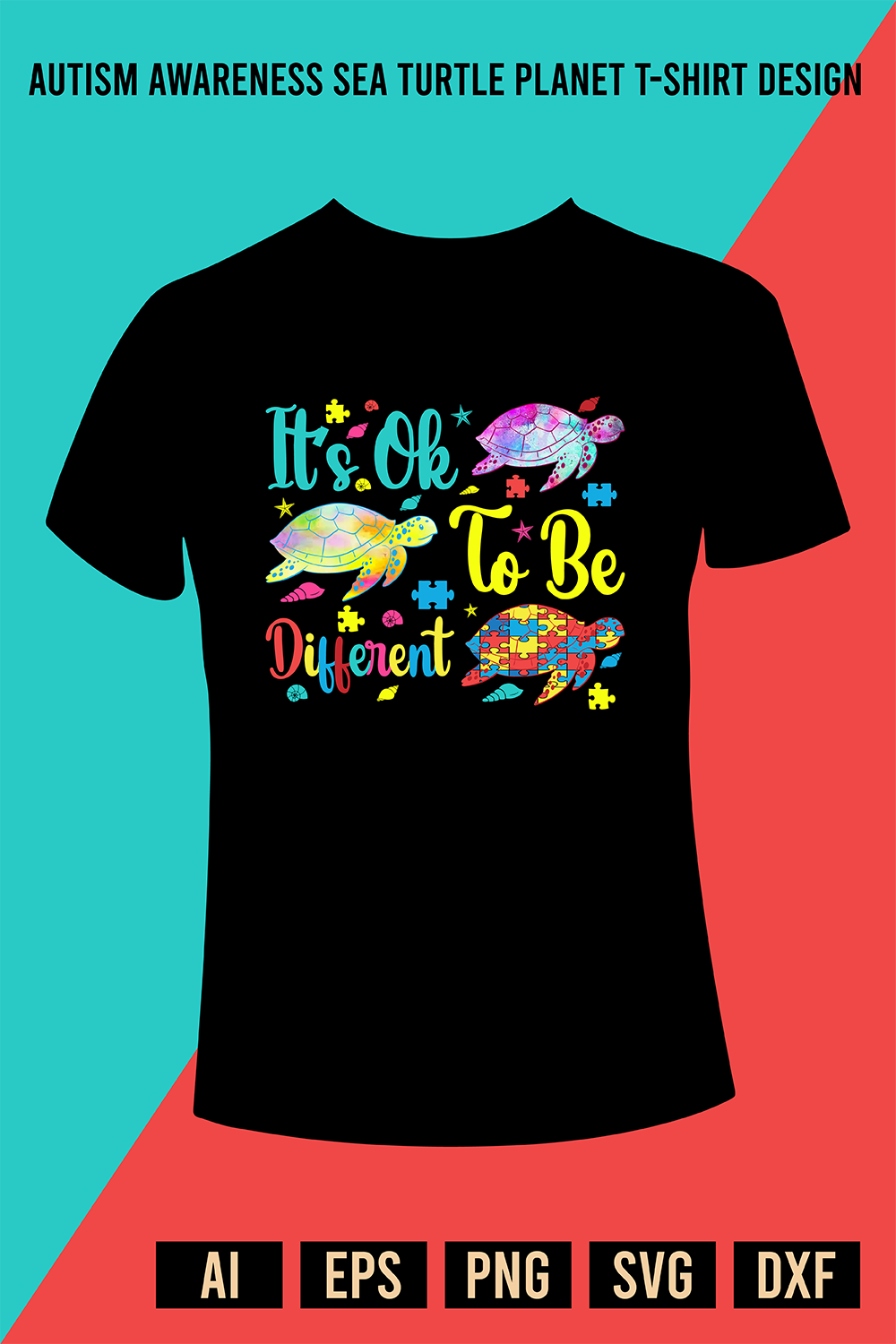 Autism Awareness Sea Turtle T-Shirt Design pinterest preview image.