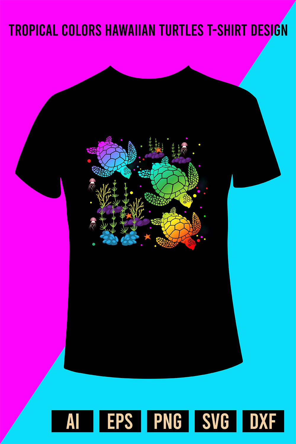 Tropical Colors Hawaiian Honu Sea Turtles T-Shirt Design pinterest preview image.