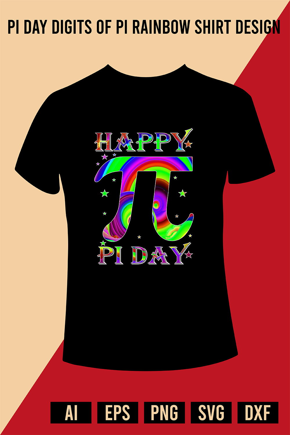 Pi Day Digits of Pi Rainbow Shirt Design pinterest preview image.