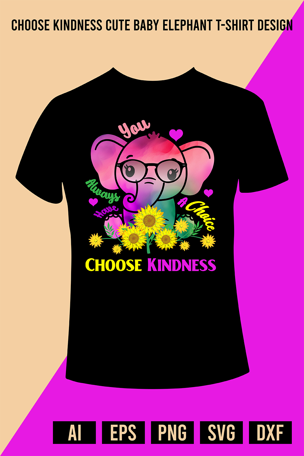 Choose Kindness Cute Baby Elephant T-Shirt Design pinterest preview image.