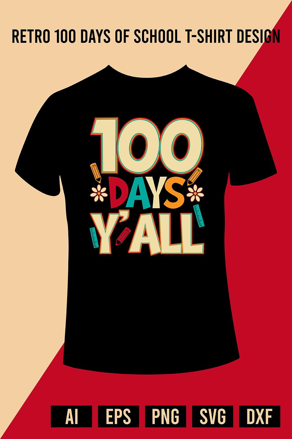 Retro 100 Days Of School T-Shirt Design pinterest preview image.