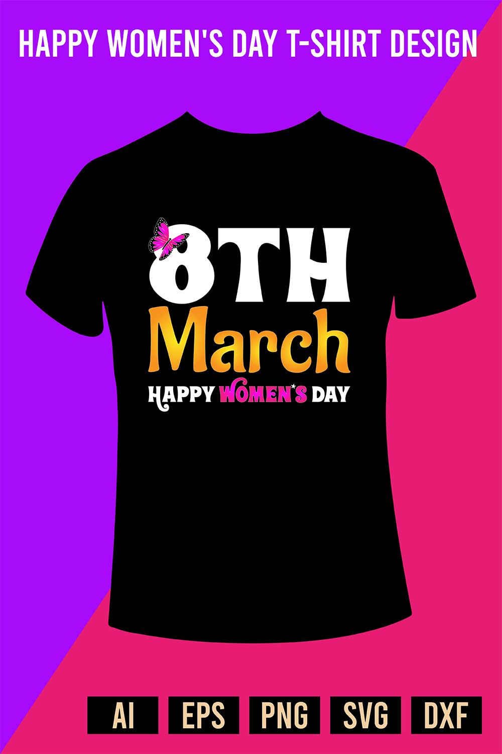Happy Womens Day T-Shirt Design pinterest preview image.