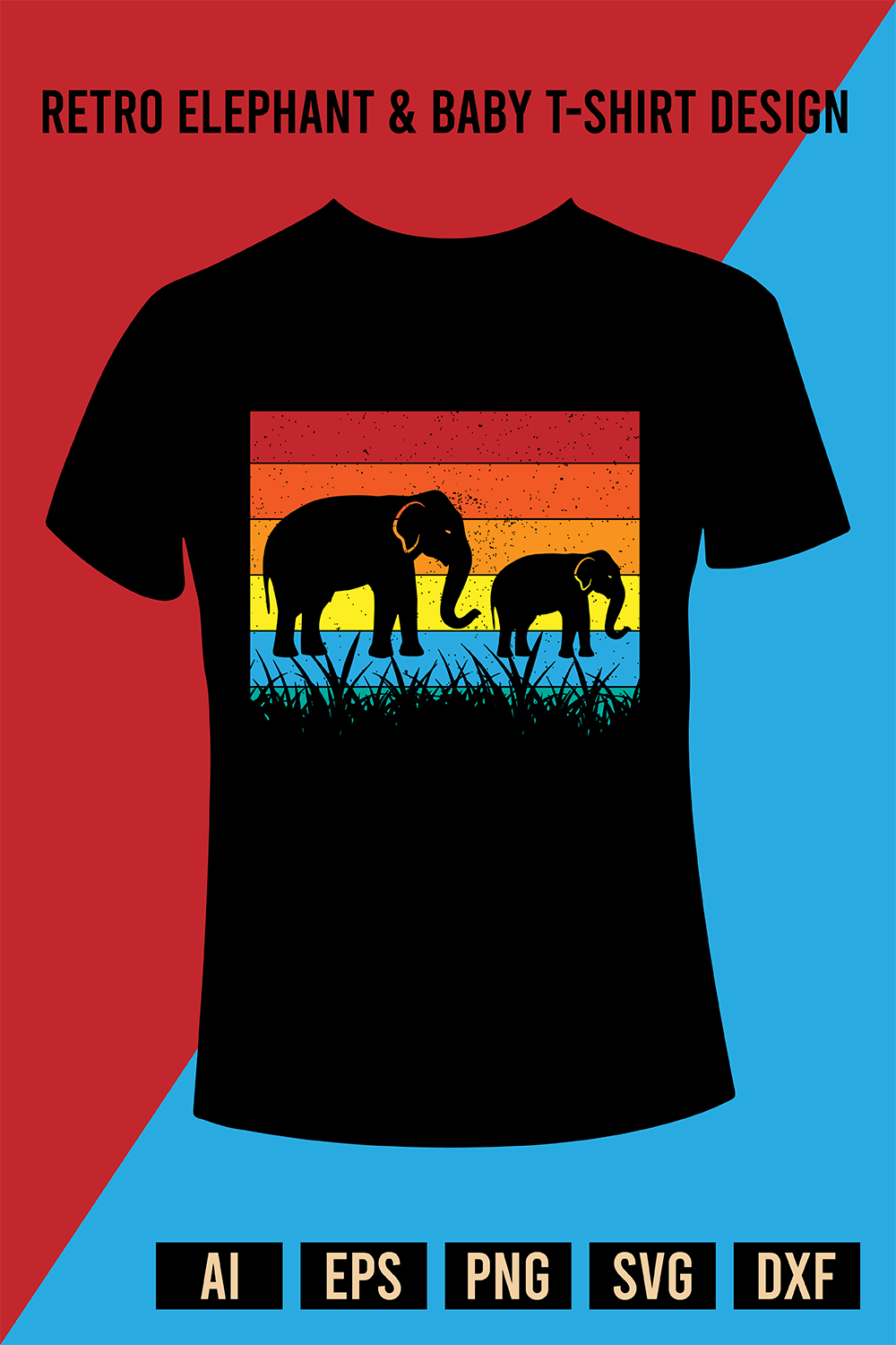 Retro Elephant & Baby T-Shirt Design pinterest preview image.