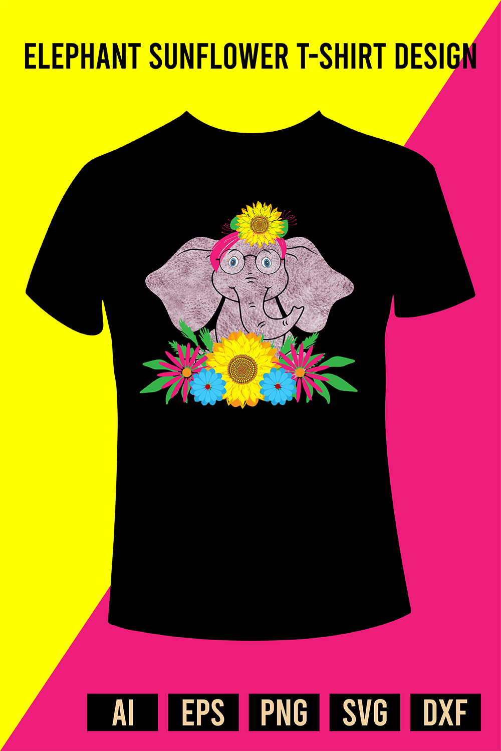 Elephant Sunflower T-Shirt Design pinterest preview image.