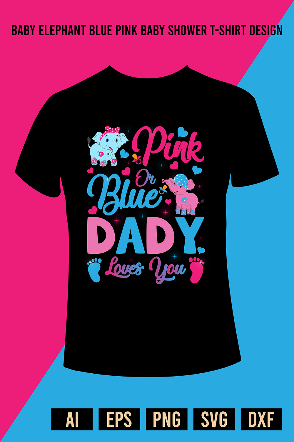 Baby Elephant Blue Pink Baby Shower T-Shirt Design pinterest preview image.