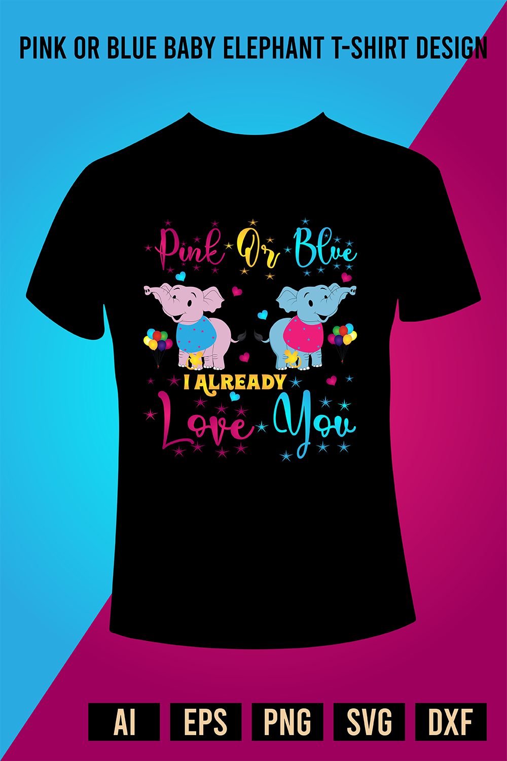 Pink Or Blue Baby Elephant T-Shirt Design pinterest preview image.