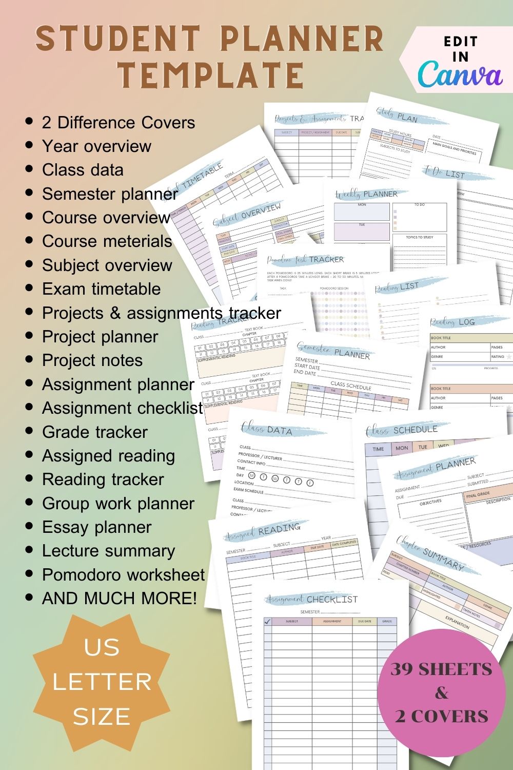Student Planner Template - Editable by Canva pinterest preview image.