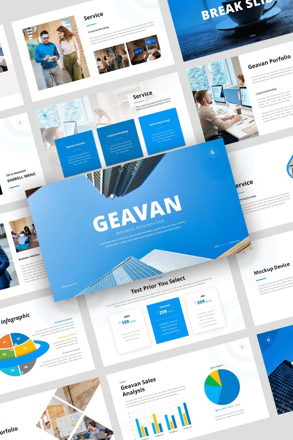 Collage of Geavan presentation pages with white background and photos and infographics.