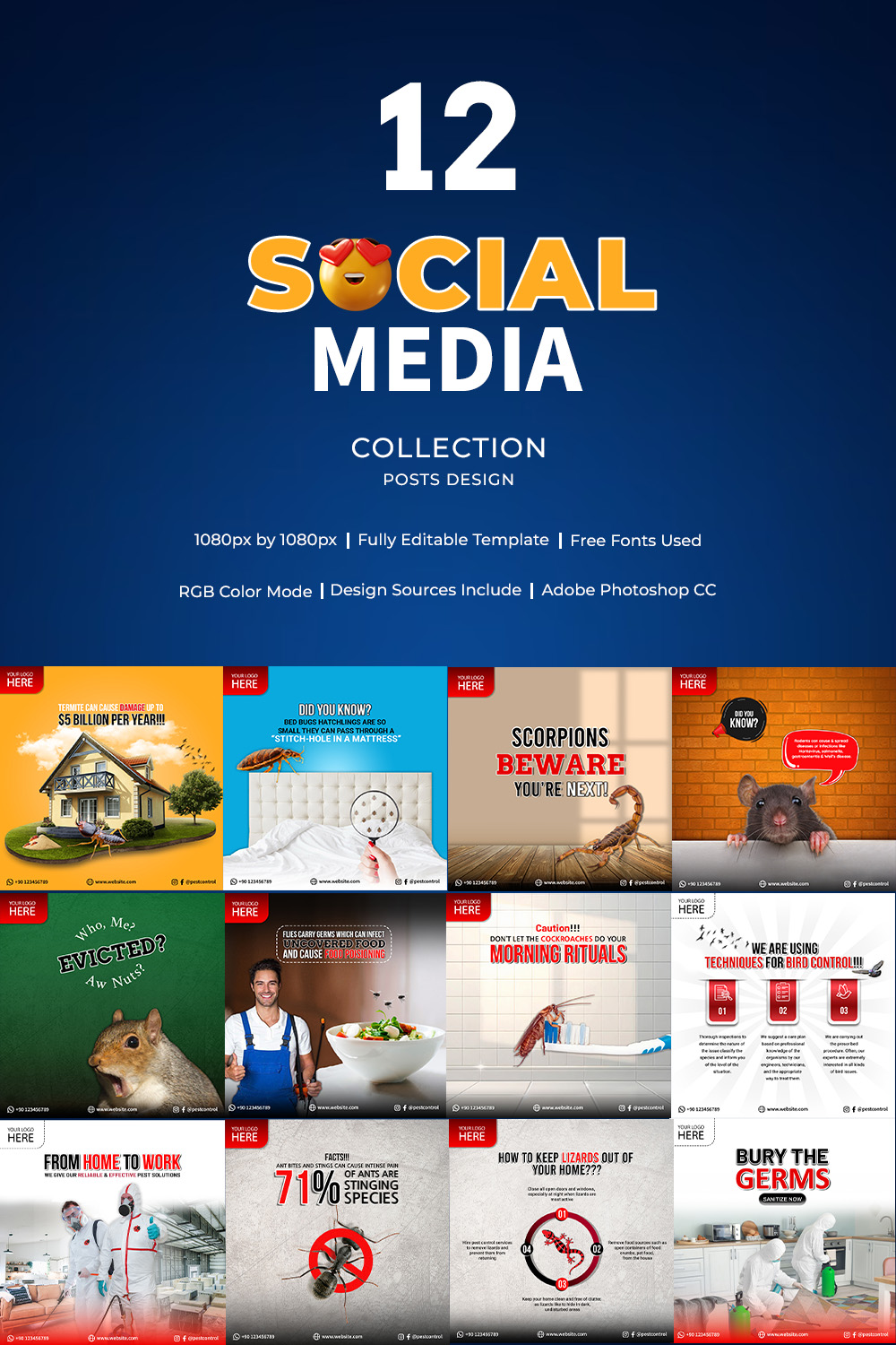 12 Clean, Minimal style Social Media Pest Control Banner Posts Bundle Templates for $24 only pinterest preview image.