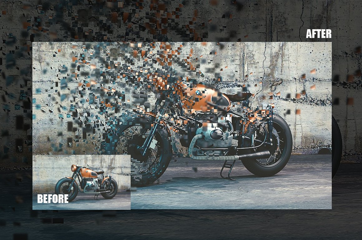 Pixel Explosion Photoshop Actionpreview image.