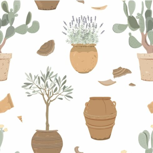 Pattern of potted plants on a white background.