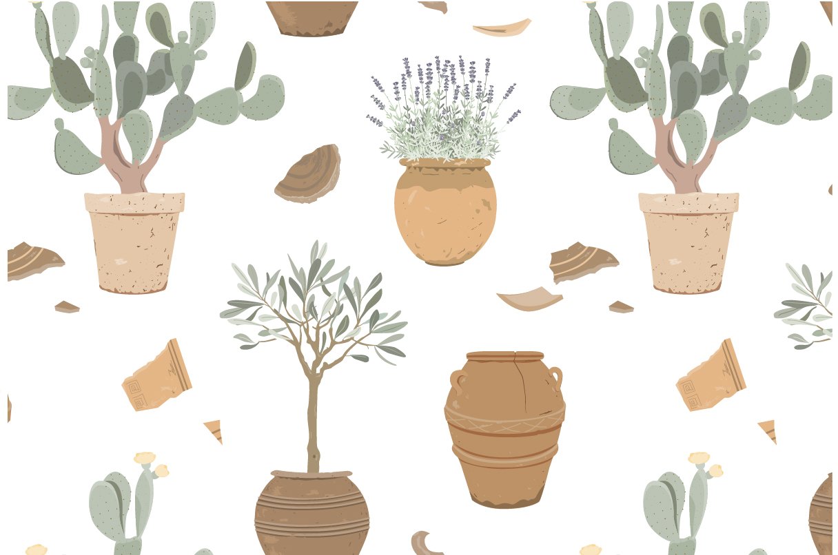 Pattern of potted plants on a white background.