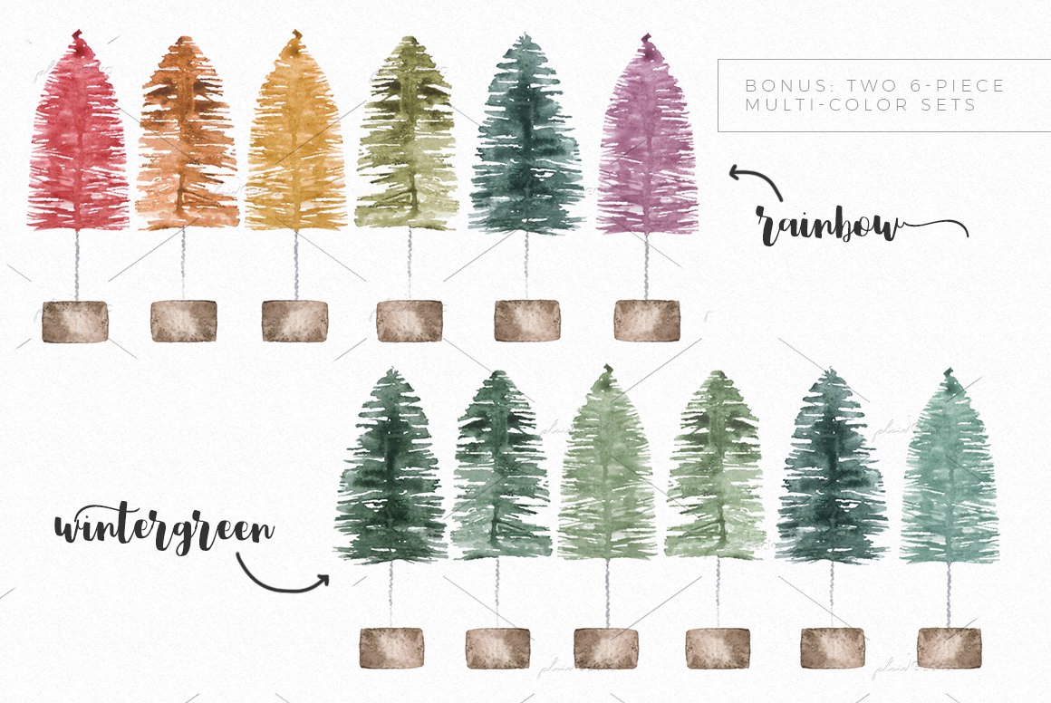 Bunch of different colored trees on a white background.