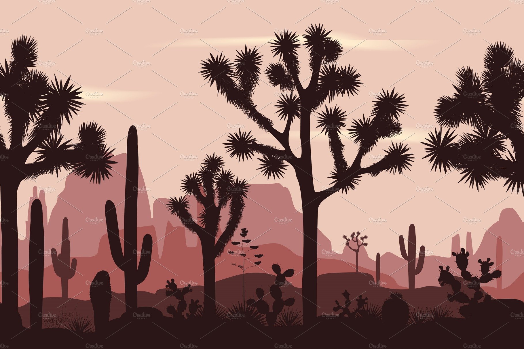 Desert scene with cactus trees and mountains in the background.