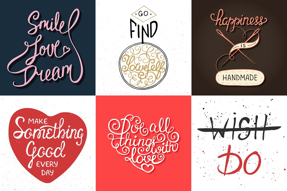Six different types of hand lettering.