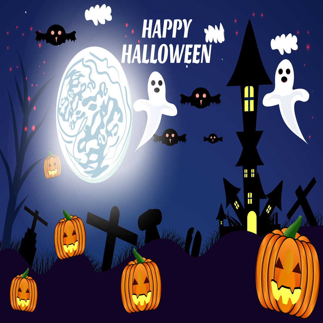 Halloween Night with pumpkins & full Moon Vector illustration preview image.
