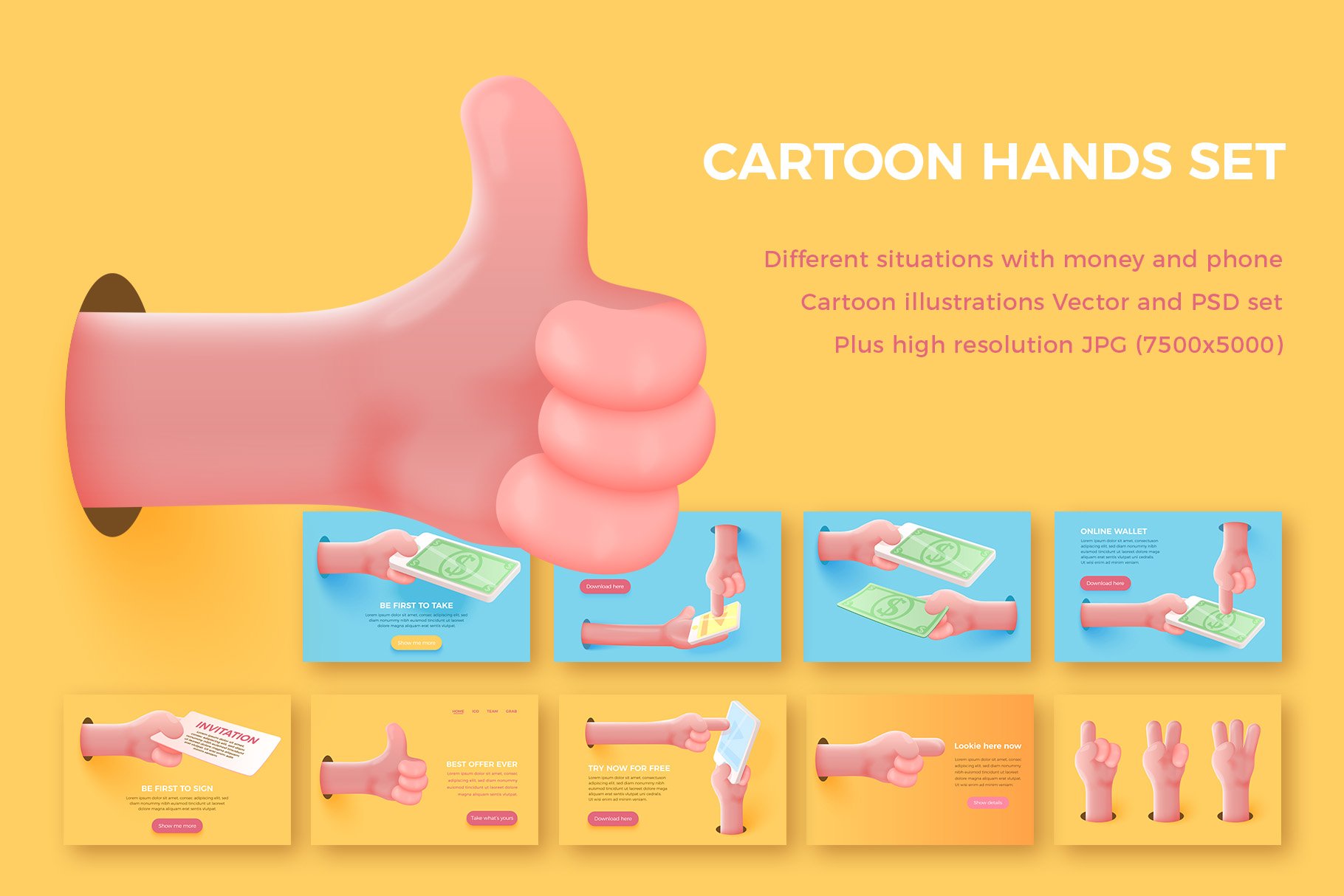 Phone and Dollar cartoon hands set cover image.