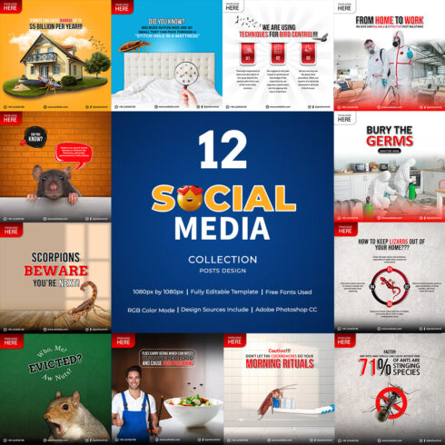 12 Clean, Minimal style Social Media Pest Control Banner Posts Bundle Templates for $24 only cover image.