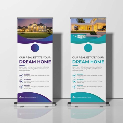 Real estate Roll Up banner or pull up banner or stand banner or x banner and billboard signage design template, Home Property Sale Banner, modern x-banner, rectangle size, Real estate poster leaflet design, print-ready, Roll Up Vector Eps Design cover image.