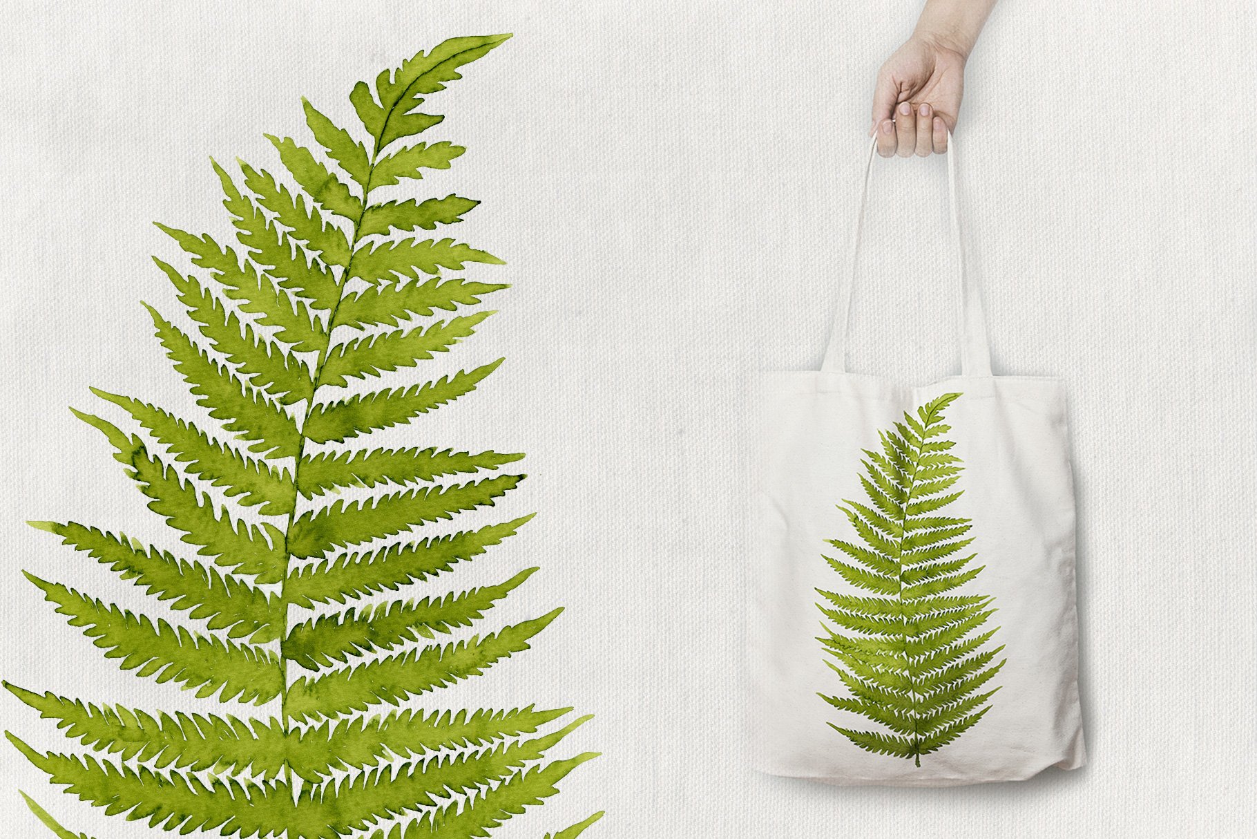 White bag with a green fern leaf on it.