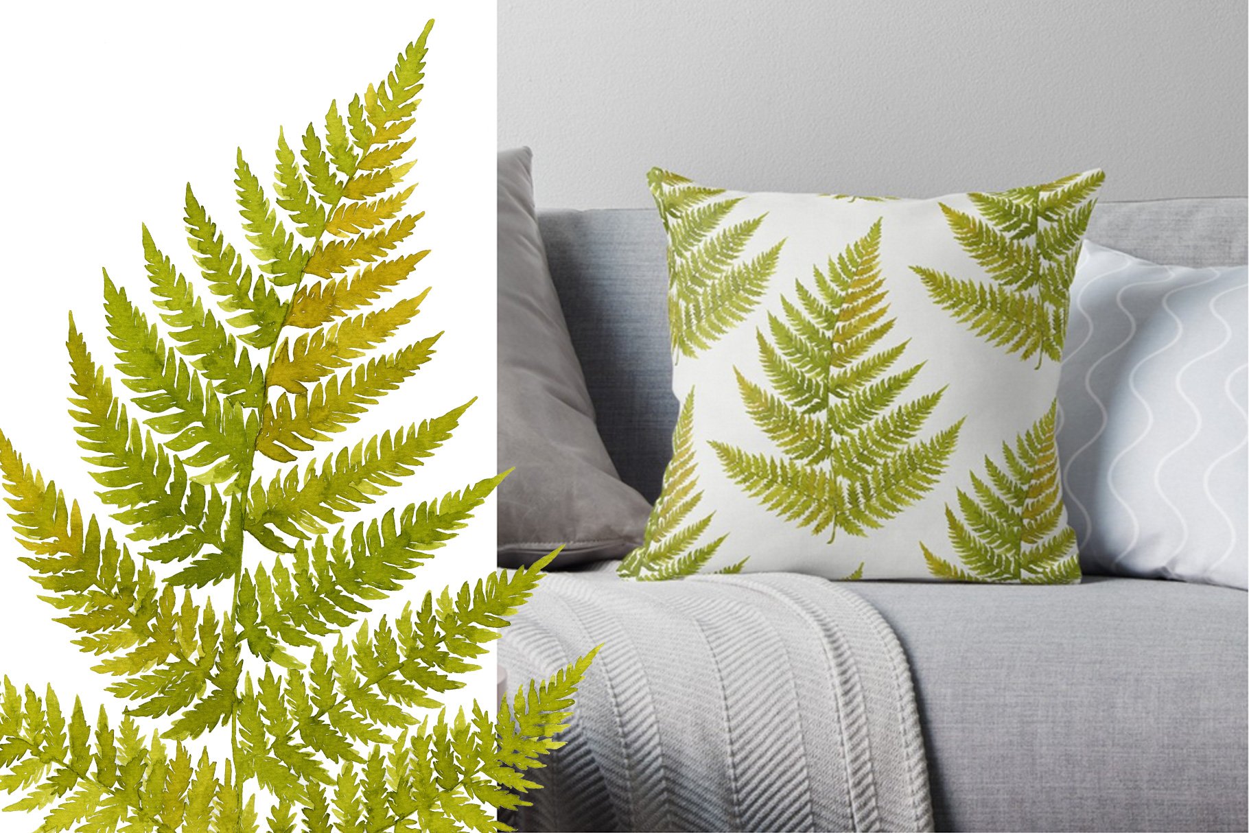 Green fern leaf sitting on top of a couch.