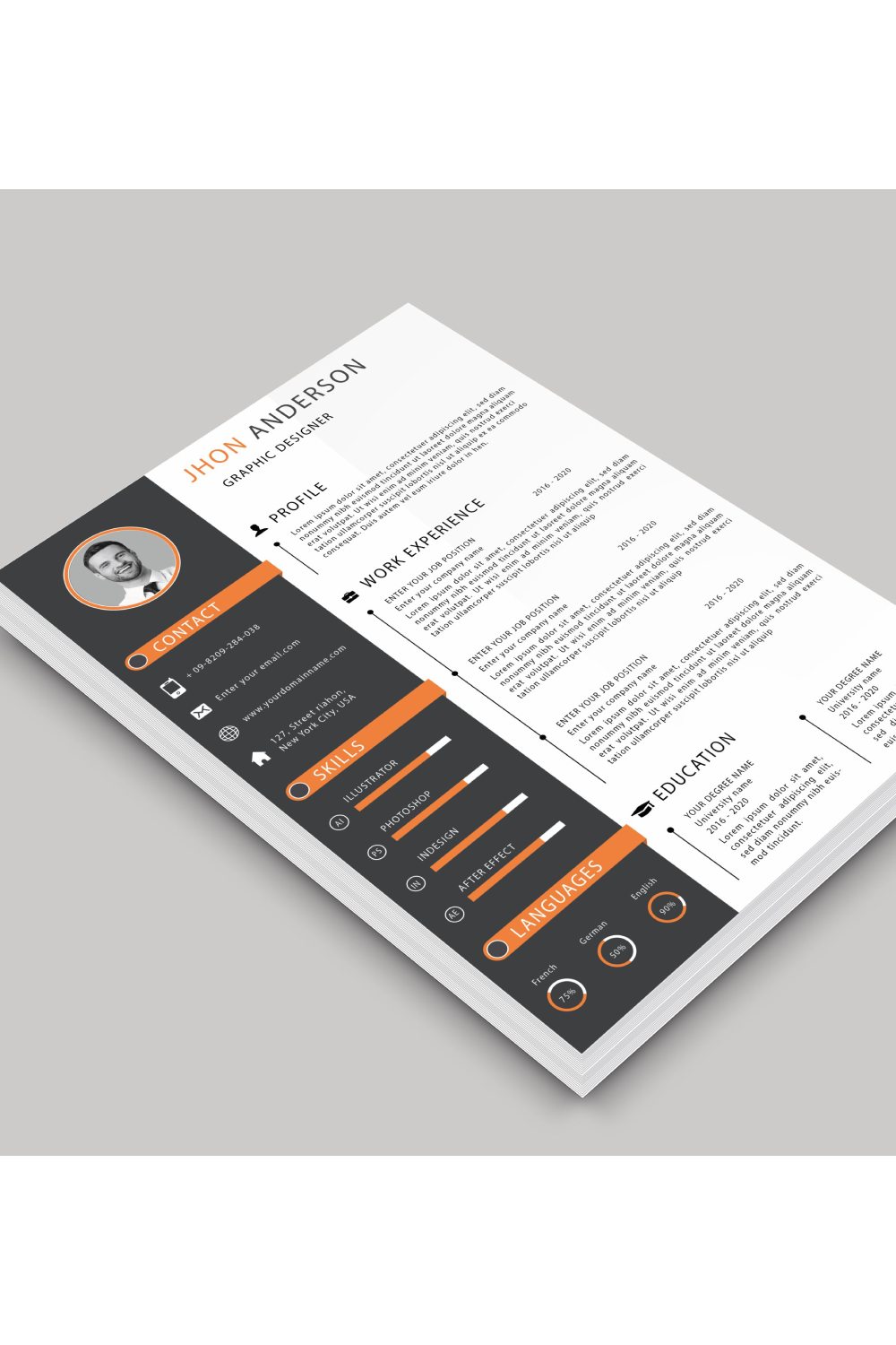 Professional resume template with a black and orange color scheme.