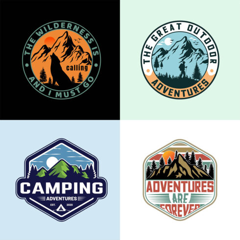 Adventure outdoor mountain logo design vector illustration and T-shirt design cover image.