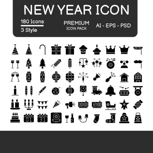 New Year Icon Pack Black Style Design Sign And Symbol cover image.