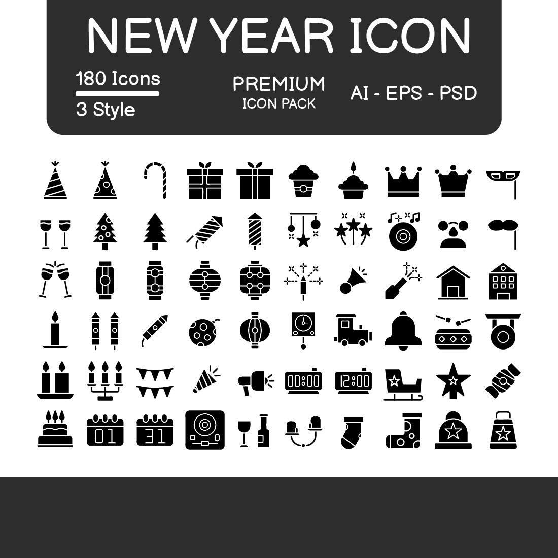 New Year Icon Pack Black Style Design Sign And Symbol - Masterbundles