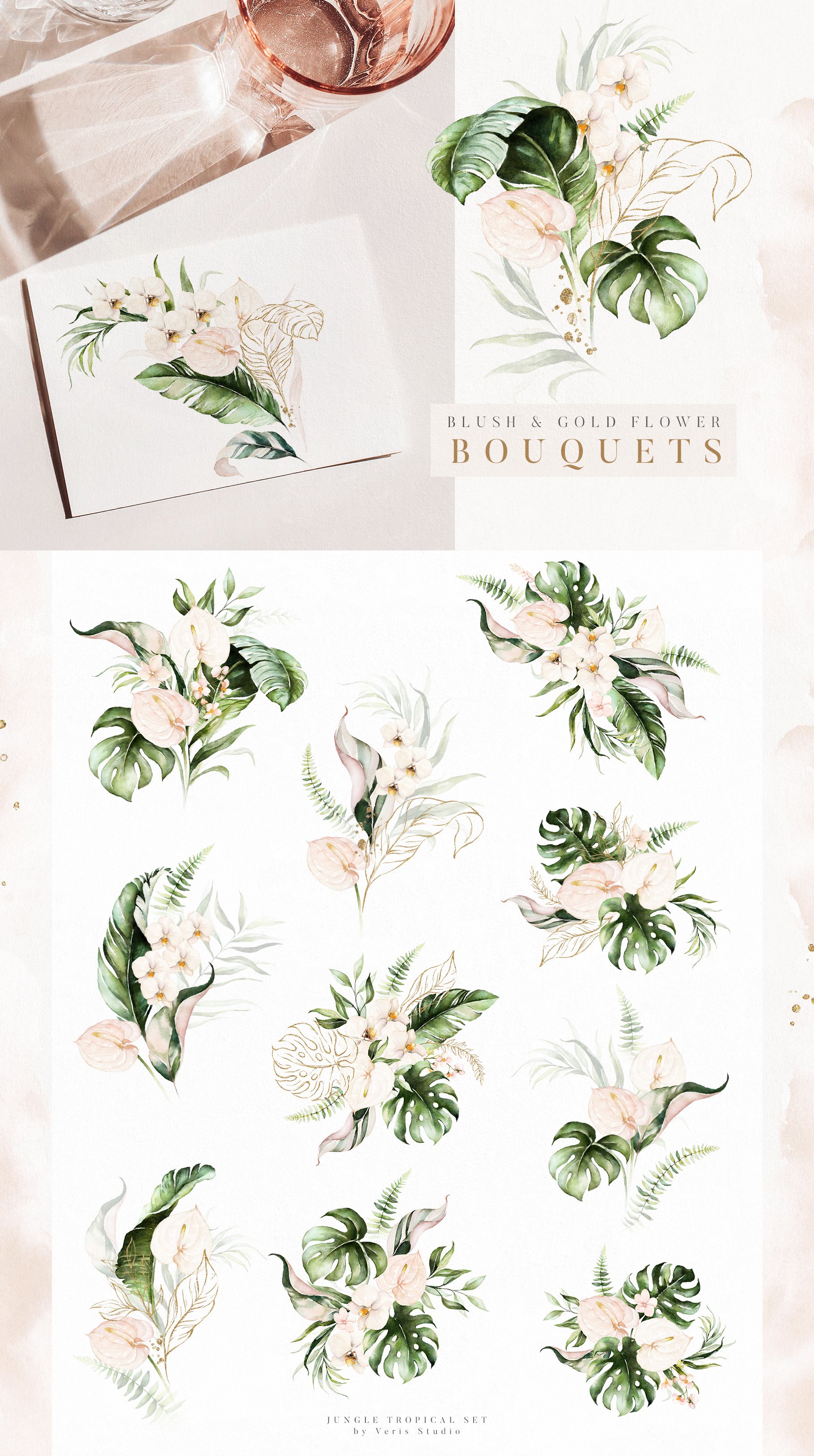 Bunch of watercolor flowers on a white background.