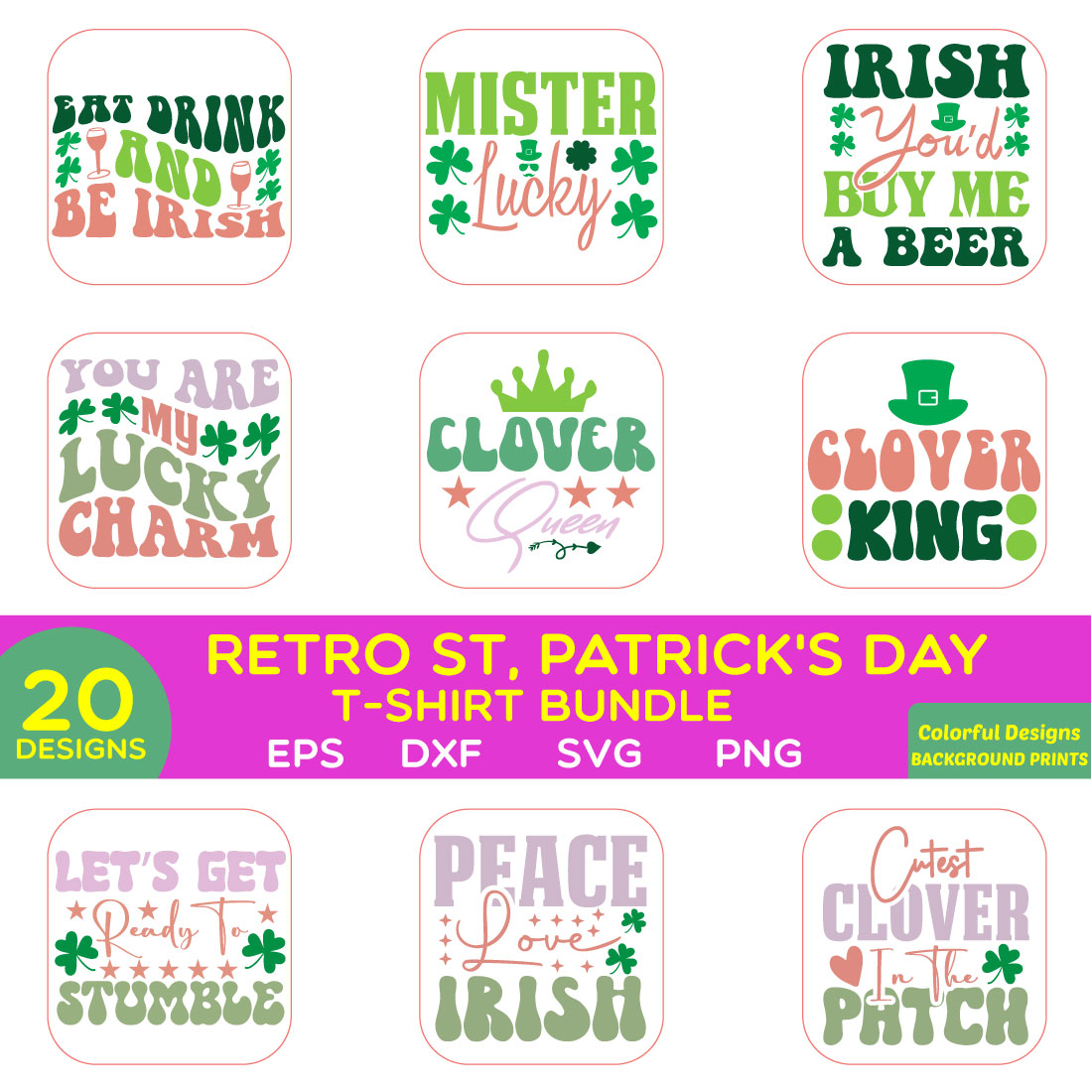 retro st patrick\'s day t-shirt bundle preview image.