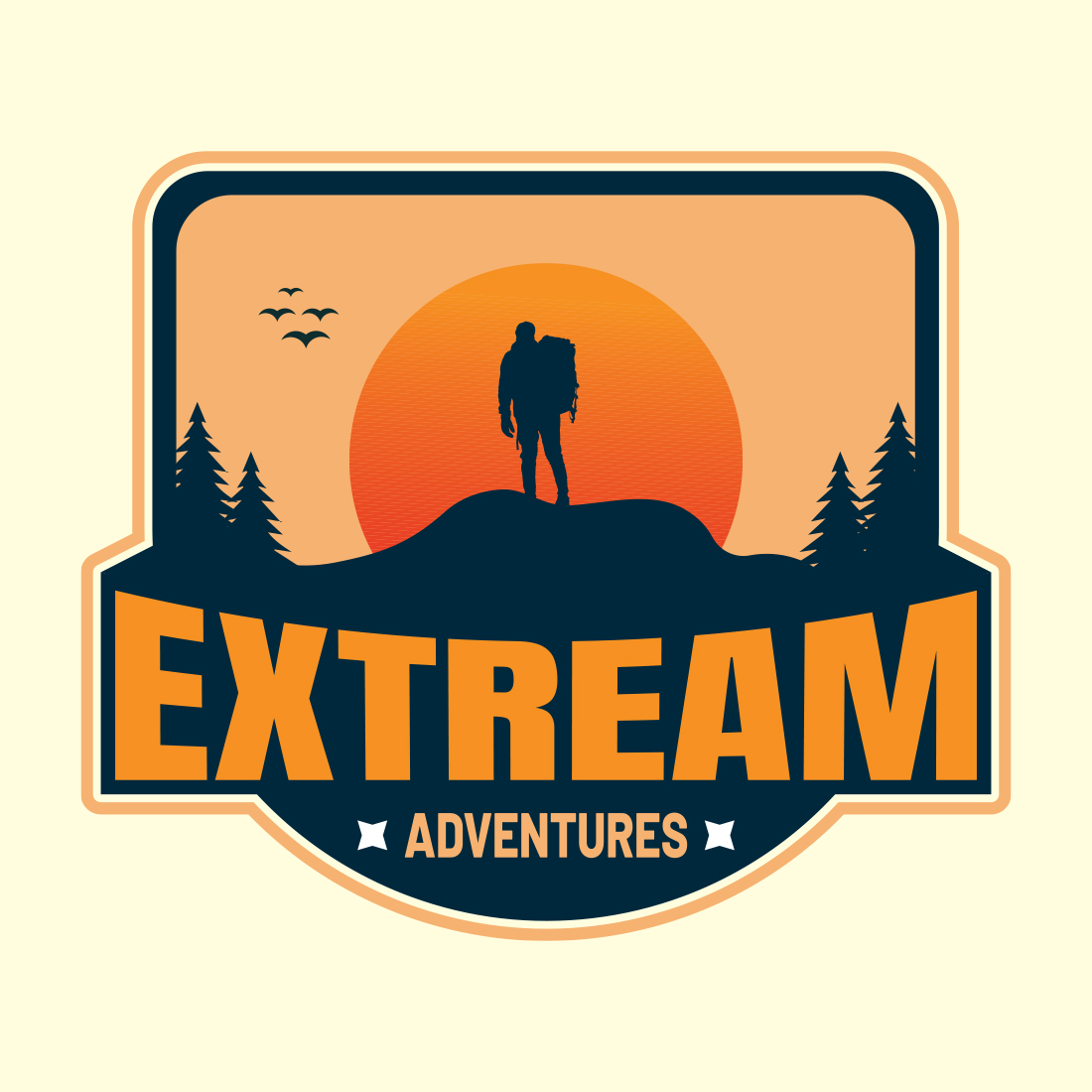 Adventure outdoor mountain badge logo design vector illustration preview image.