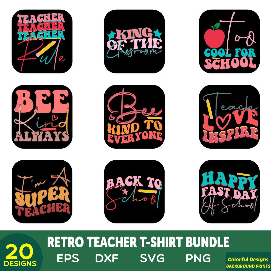 retro teacher t-shirt bundle preview image.
