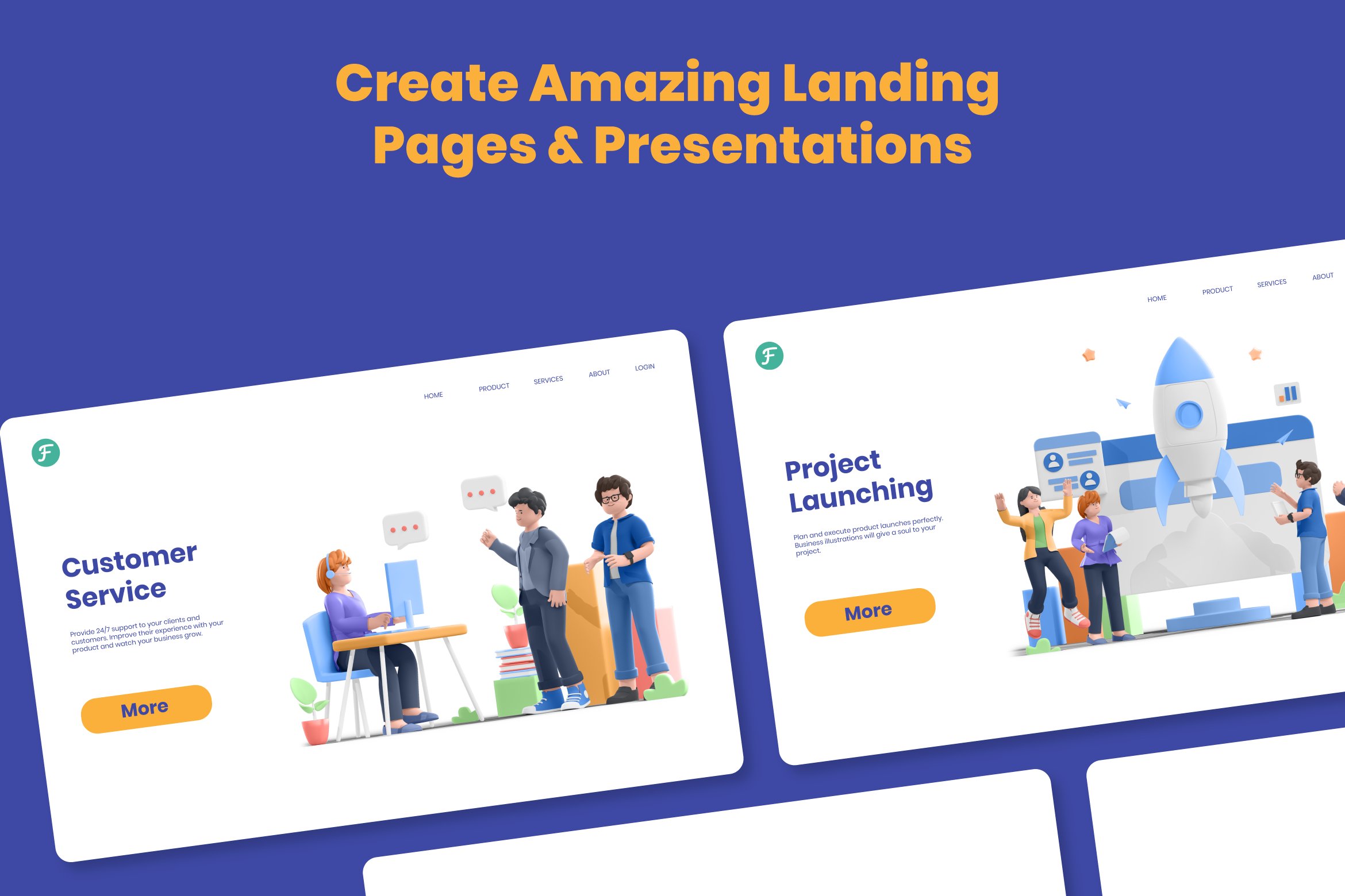 Three landing pages for a project on a blue background.